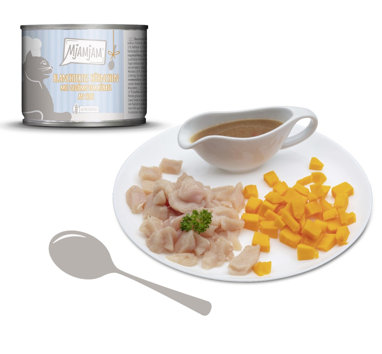 Blanchiertes Hühnchen mit gedämpftem Kürbis an Sosse