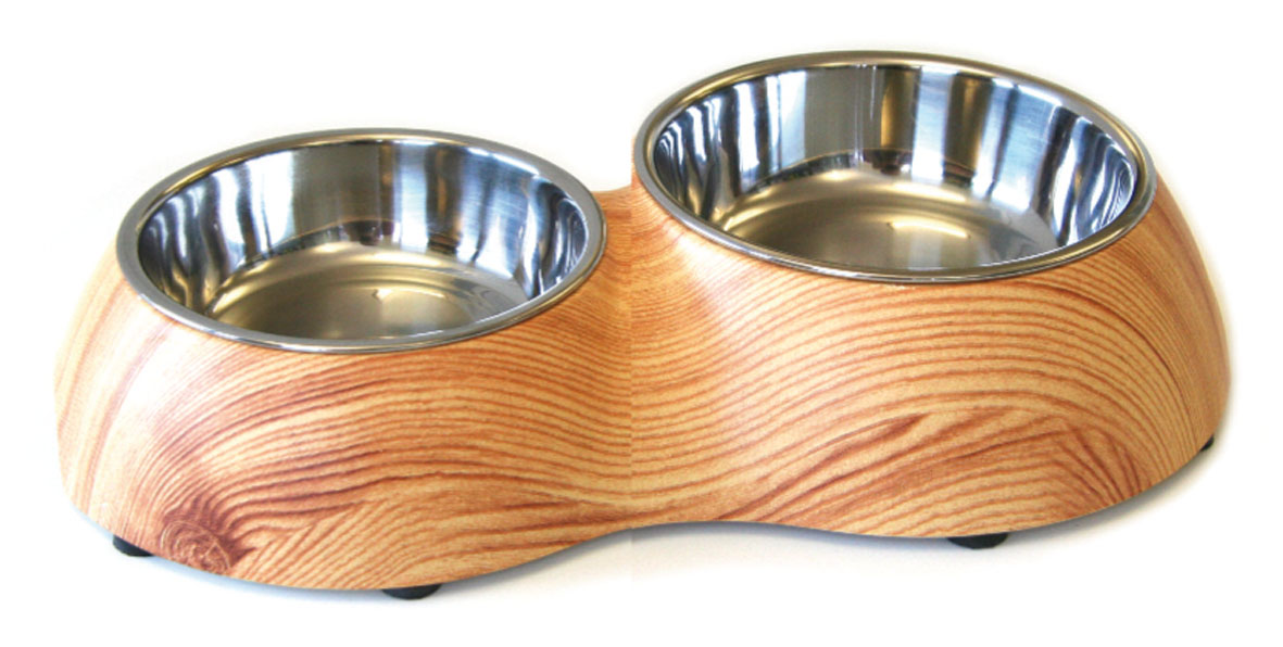 Écuelles double en mélamine pour chiens et chats, motif bois