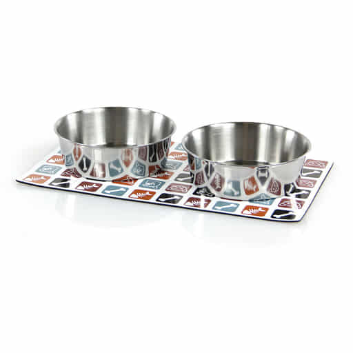 swisspet Tapis magnétique Cats & Dogs avec 2 gamelles en acier inox, blanc, ø = 16 / 47 x 28cm