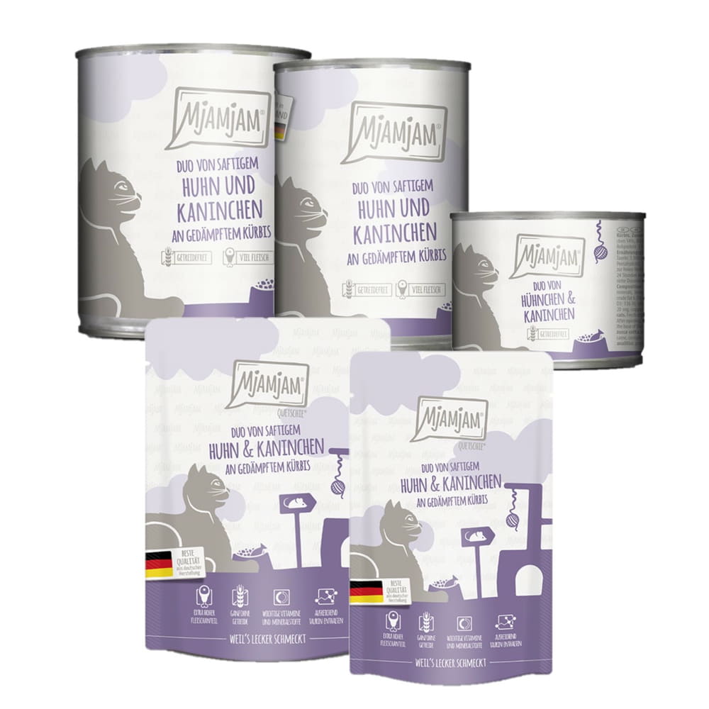 DUO von saftigem Hühnchen & Kaninchen an gedämpftem Kürbis