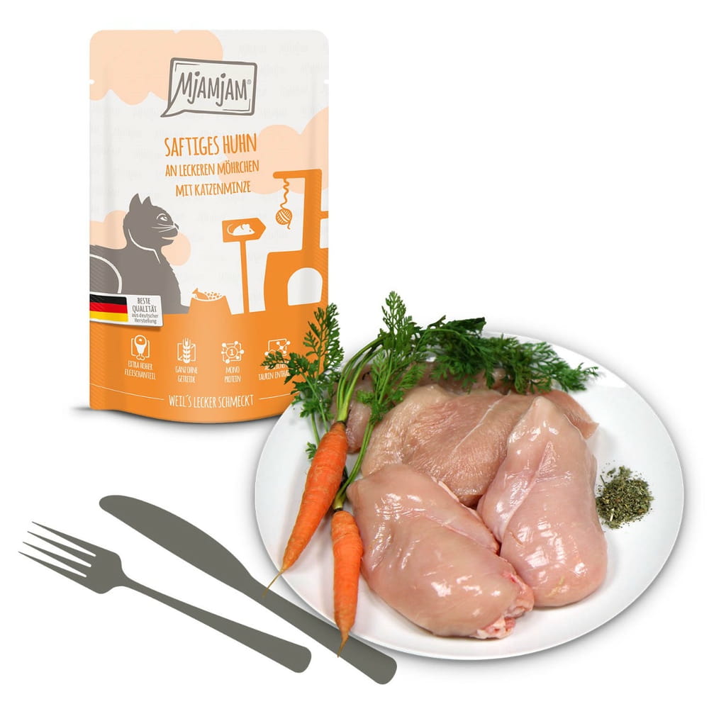 Saftiges Huhn an leckeren Möhrchen mit Katzenminze