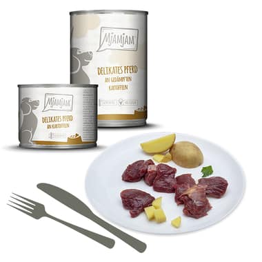 Dog delikates Pferd an gedämpften Kartoffeln