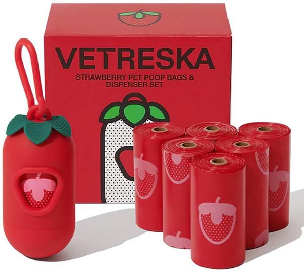 Strawberry poop bag dispenser set, 7 rolls