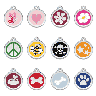 Médaille pour animaux avec Emaille - Papillon, Coeur, Fleur, Marguerite, Paix, Bourdon, Tête de mort, Étoiles, Os dans gamelle, Os óder ou Patte