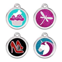 Médaille pour animaux avec Emaillee Paillettes - Cupcake, Libellule, Chaussure ou Licorne