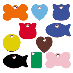 Médaille pour animaux en plastique - Poisson, Coeur, Tête de chat, Os, Rond ou Rectangulaire