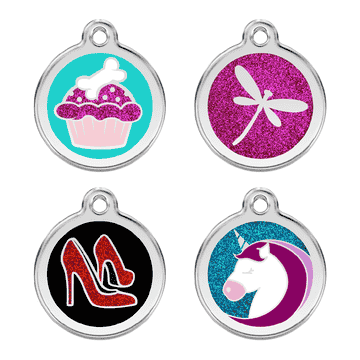 Médaille pour animaux avec Emaillee Paillettes - Cupcake, Libellule, Chaussure ou Licorne