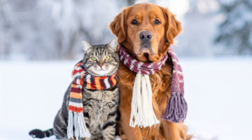 Senior dog and cat in winter