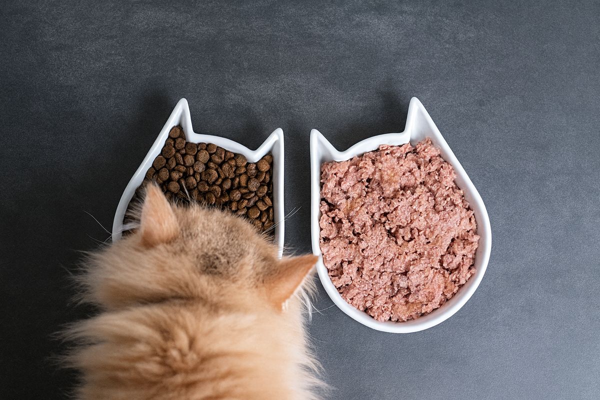 Chat devant deux écuelles