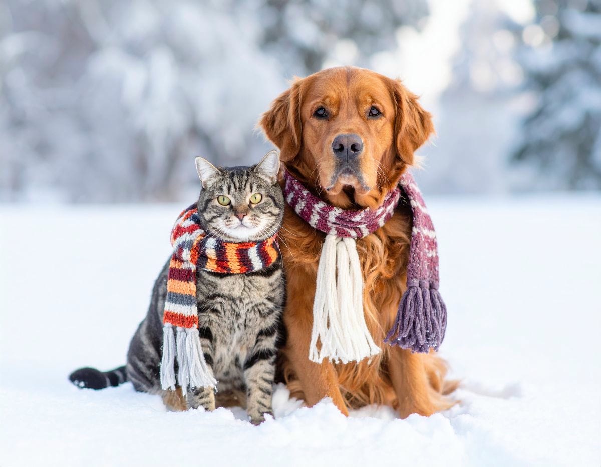 alter Hund, alte Katze im Winter