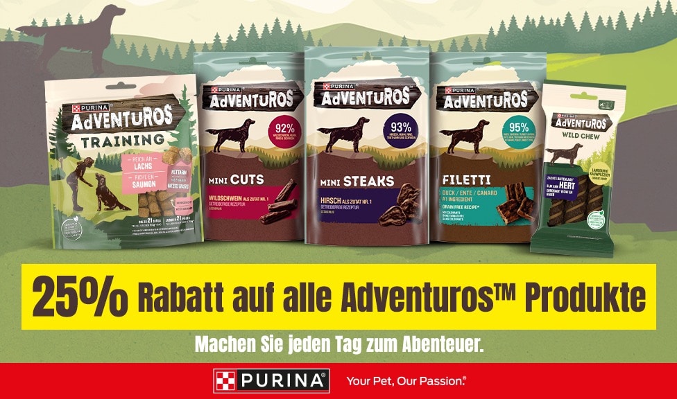 Aktion: 25% Rabatt auf PURINA ADVENTUROS Snacks für Hunde bei Ihrem Tierfutterspezialisten iPet.ch