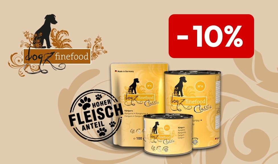 Action : 10% de rabais sur les aliments pour chiens DOGZ FINEFOOD chez votre spécialiste en aliments pour animaux iPet.ch