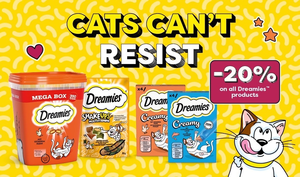 Special Offer: 20% off DREAMIES cat treats at your pet food specialist, iPet.ch