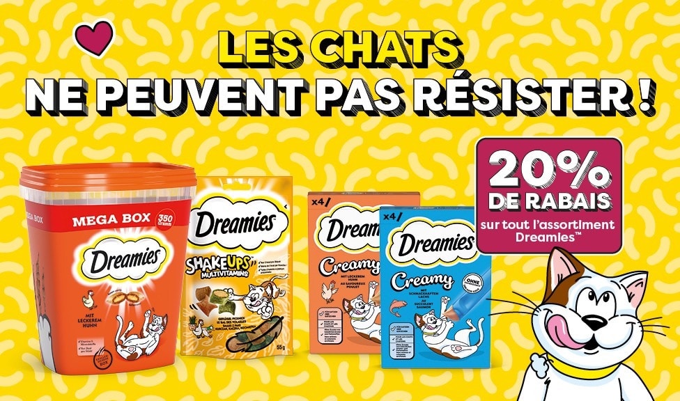 Action : 20% de rabais sur les snacks pour chats DREAMIES chez votre spécialiste en aliments pour animaux iPet.ch