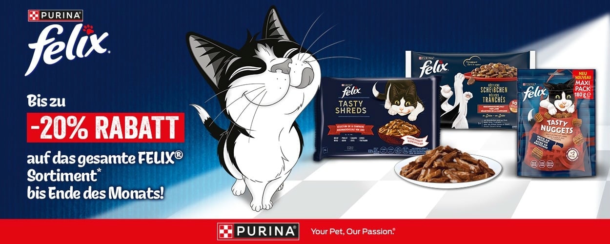 Aktion: bis zu 20% Rabatt auf FELIX Katzenfutter und Snacks bei Ihrem Tierfutterspezialisten iPet.ch
