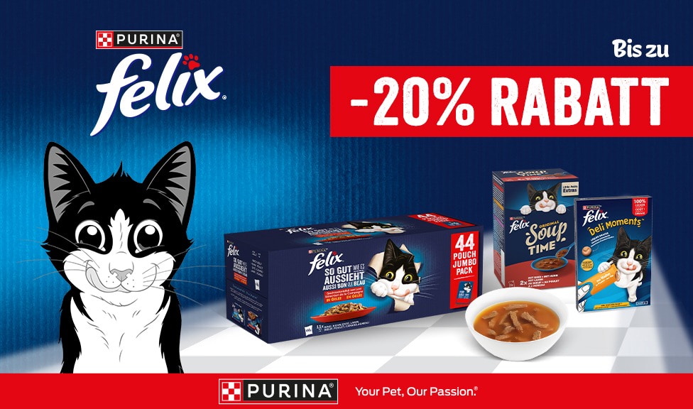 Aktion: bis zu 20% Rabatt auf FELIX Katzenfutter und Snacks bei Ihrem Tierfutterspezialisten iPet.ch