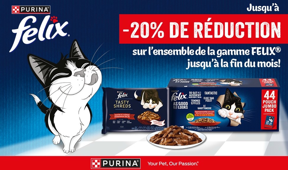 Action : jusqu\'à 20% de rabais sur les aliments et les snacks pour chats FELIX chez iPet.ch