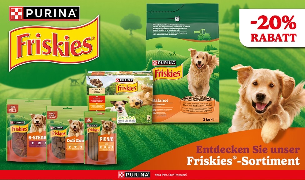 Aktion: 20% Rabatt auf FRISKIES Hundefutter und Snacks bei Ihrem Tierfutterspezialisten iPet.ch