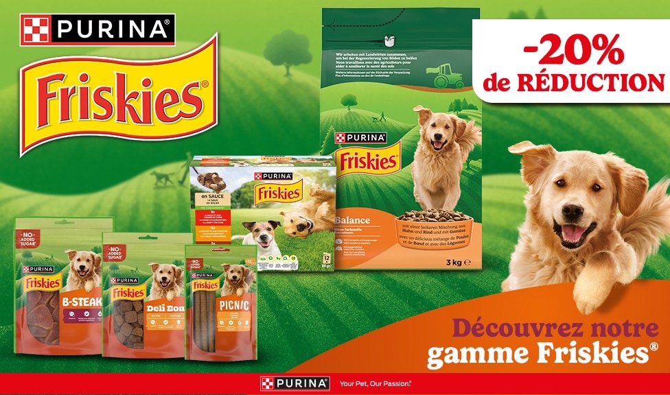 Action : 20% de rabais sur les aliments et les snacks pour chiens FRISKIES chez iPet.ch