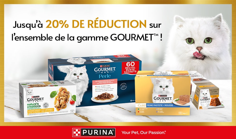 Action : jusqu\'à 20% de rabais sur les aliments pour chats GOURMET chez votre spécialiste en aliments pour animaux iPet.ch