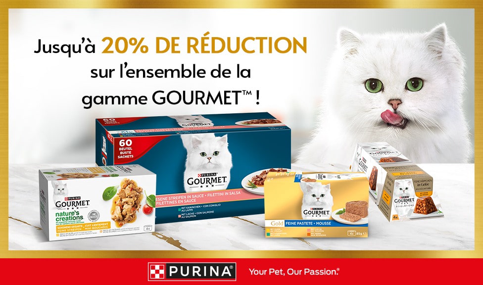 Action : jusqu\'à 20% de rabais sur les aliments pour chats GOURMET chez votre spécialiste en aliments pour animaux iPet.ch
