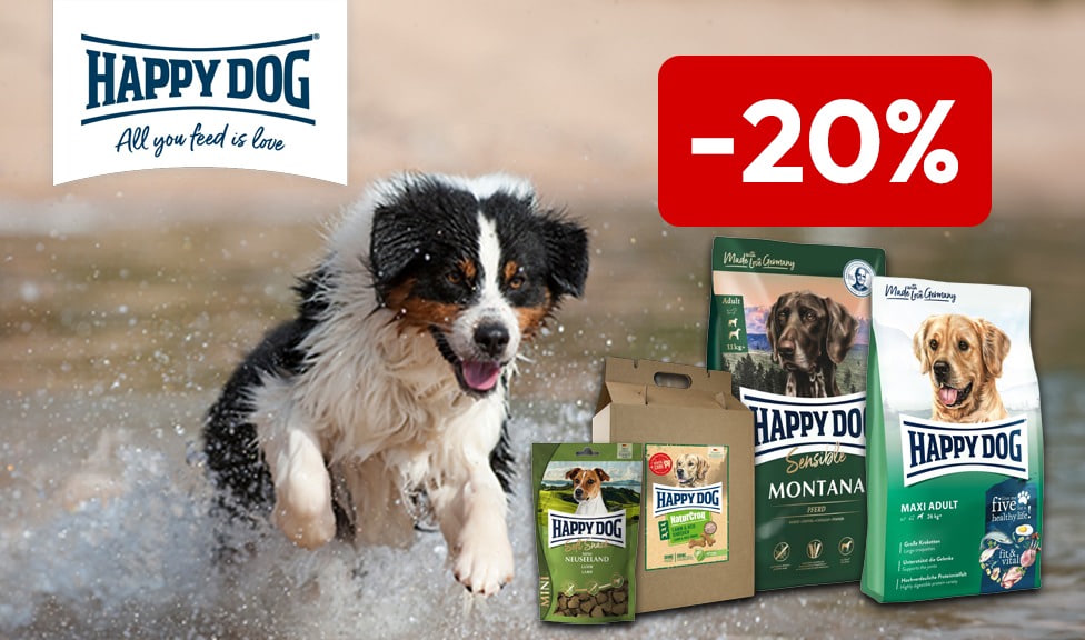 Aktion: 20% Rabatt auf HAPPY DOG Hundefutter, Snacks und Futterergänzungsmittel bei Ihrem Tierfutterspezialisten iPet.ch