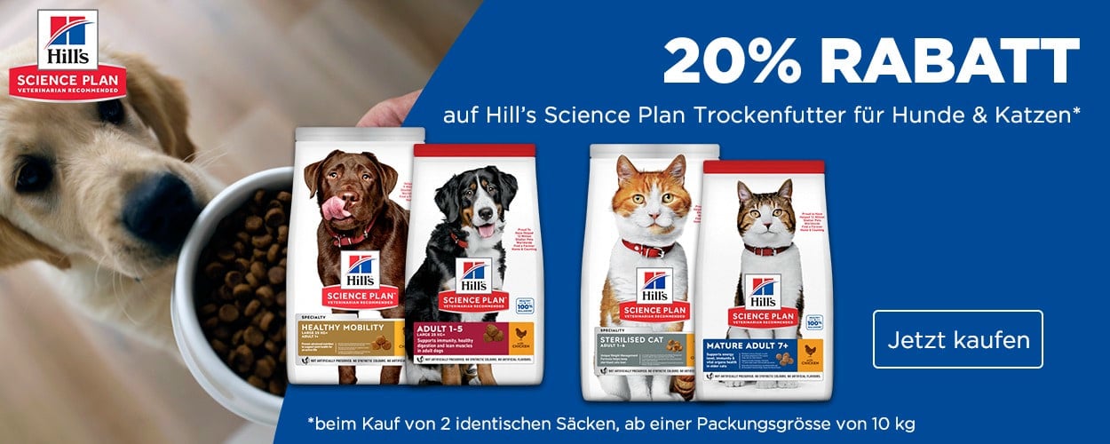 Aktion: 20% Rabatt auf HILL\'S SCIENCE PLAN Hundefutter und Katzenfutter bei Ihrem Tierfutterspezialisten iPet.ch