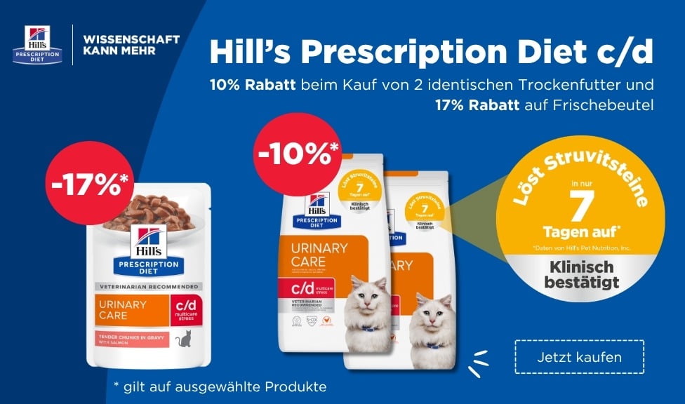 Aktion: bis zu 17% Rabatt auf HILL\'S PRESCRIPTION DIET Hundefutter, Katzenfutter und Snacks bei Ihrem Tierfutterspezialisten iPet.ch