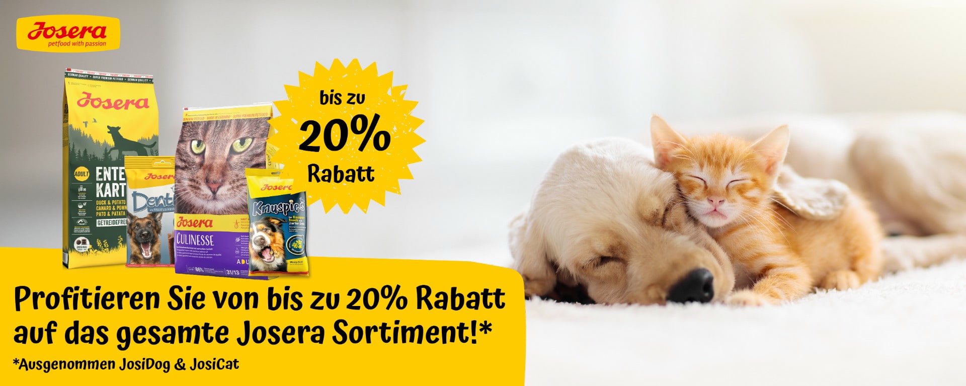 Aktion: bis zu 20% Rabatt auf JOSERA Hundefutter, Katzenfutter und Snacks bei Ihrem Tierfutterspezialisten iPet.ch