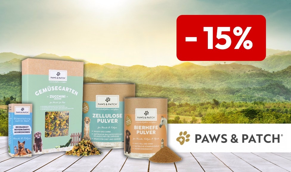 Aktion: 15% Rabatt auf PAWS & PATCH Futterergänzungsmittel und Bachblütenmischungen für Katzen, Hunde und Pferde bei iPet.ch