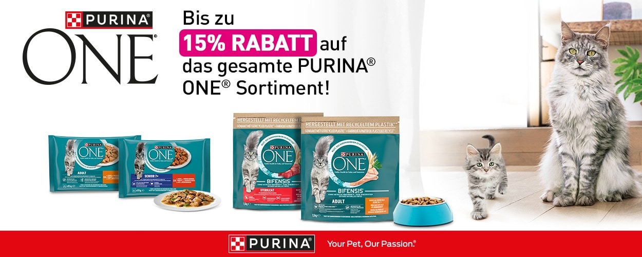 Aktion: bis zu 15% Rabatt auf PURINA ONE Katzenfutter bei Ihrem Tierfutterspezialisten iPet.ch