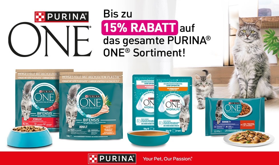 Aktion: bis zu 15% Rabatt auf PURINA ONE Katzenfutter bei Ihrem Tierfutterspezialisten iPet.ch