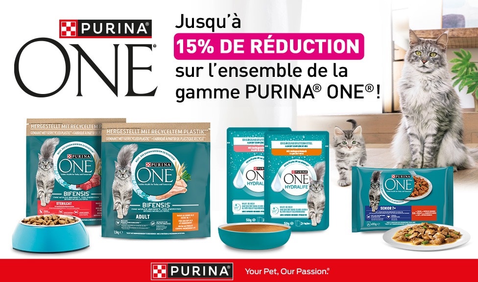 Action : jusqu\'à 15% de rabais sur les aliments pour chats PURINA ONE chez votre spécialiste en aliments pour animaux iPet.ch