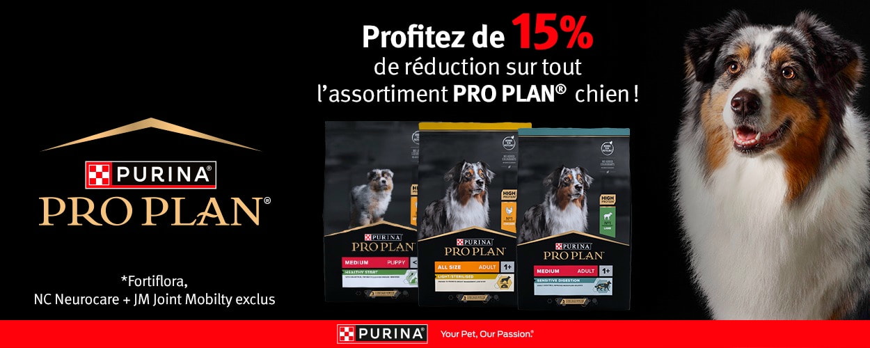 Action : 15% de rabais sur les aliments et les compléments alimentaires pour chiens PURINA PRO PLAN chez iPet.ch