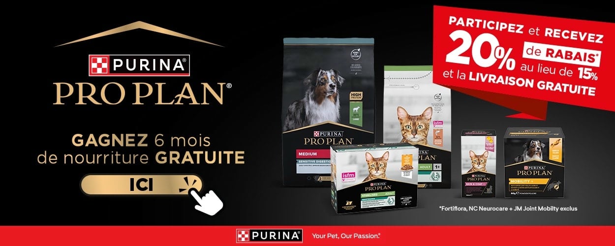 Action : 20% de rabais sur les aliments et les compléments alimentaires pour chiens et chats PURINA PRO PLAN chez iPet.ch