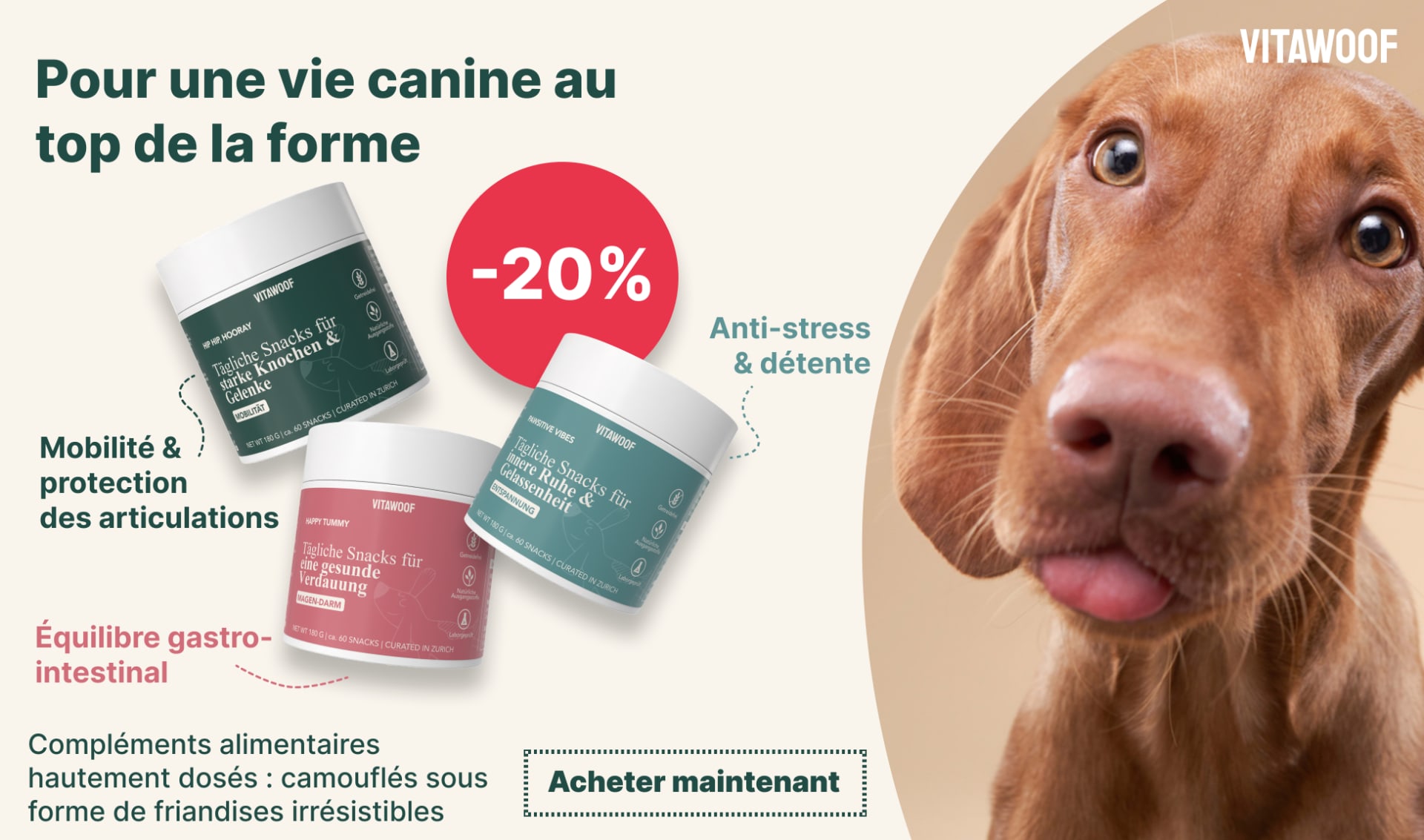 Action : 20% de rabais sur les snacks pour chiens VITAWOOF chez iPet.ch