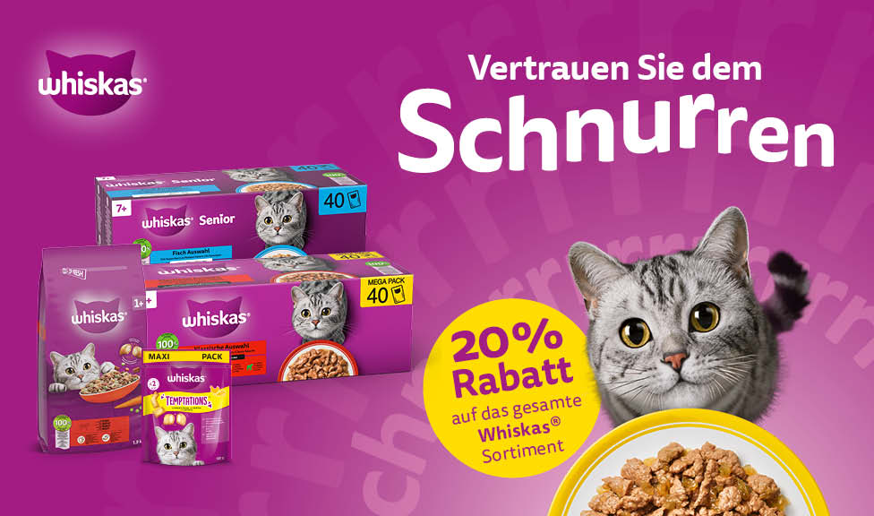 Aktion: 20% Rabatt auf WHISKAS Katzenfutter und Snacks bei Ihrem Tierfutterspezialisten iPet.ch