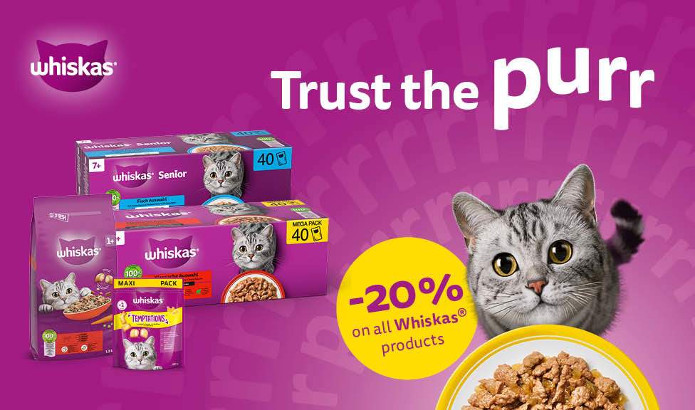 Special Offer: 20% off WHISKAS cat food and treats at your pet food specialist, iPet.ch