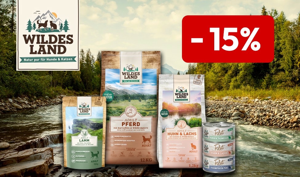 Aktion: 15% Rabatt auf WILDES LAND Hundefutter, Katzenfutter und Snacks bei Ihrem Tierfutterspezialisten iPet.ch
