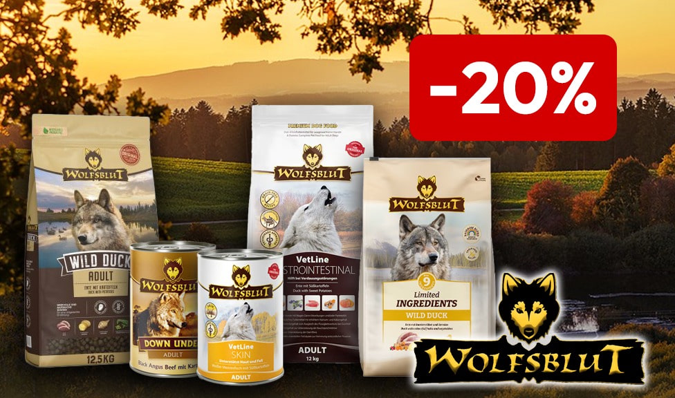 Aktion: 20% Rabatt auf WOLFSBLUT Hundefutter und Snacks bei Ihrem Tierfutterspezialisten iPet.ch