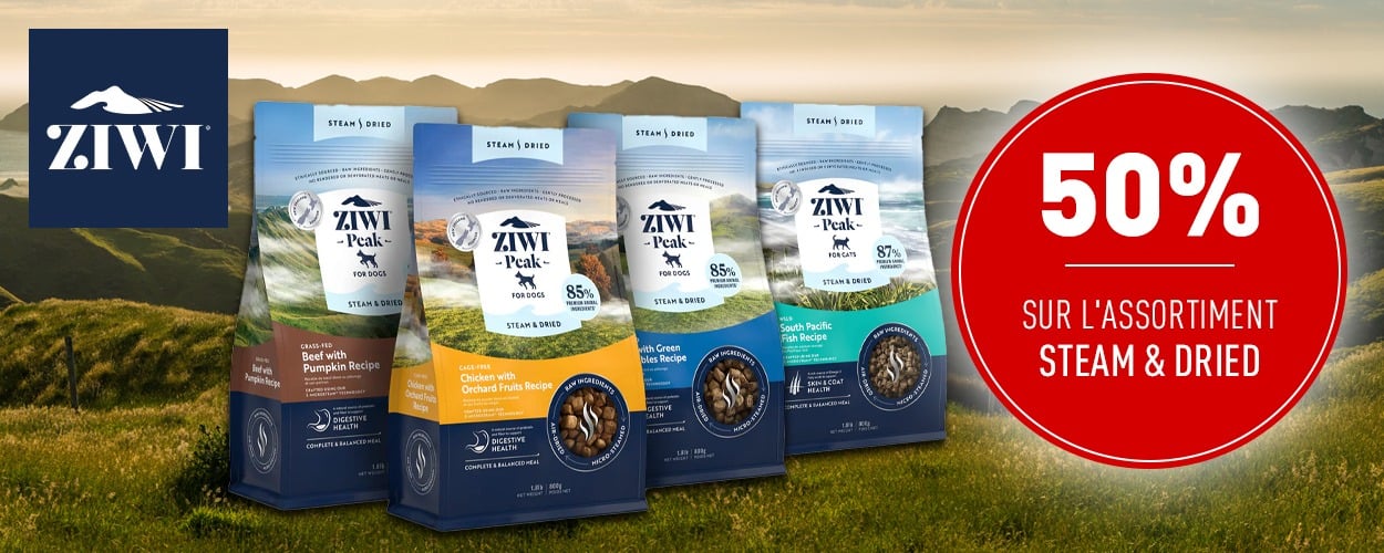 Action : 50% de rabais sur les aliments STEAM & DRIED pour chiens et chats ZIWI PEAK chez iPet.ch